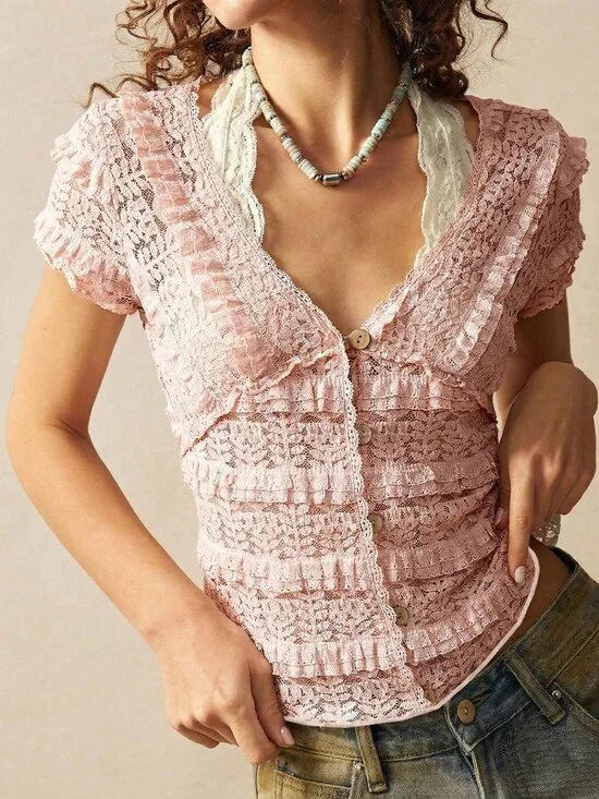 Pink Casual Women's V-Neck Short Sleeve Fitted Top - Picture 1 of 8